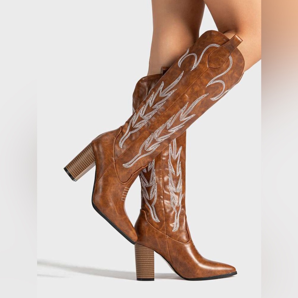 NWOT SHEIN Brown Western Stitched Heeled Cowboy Boots